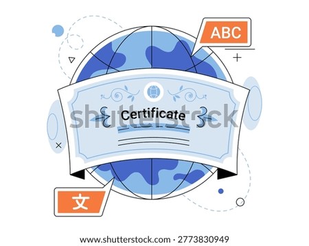 Diploma scroll over a globe with language speech bubbles vector illustration. Global education, foreign language, world study, online learning, school, diploma. Earth planet and certificate