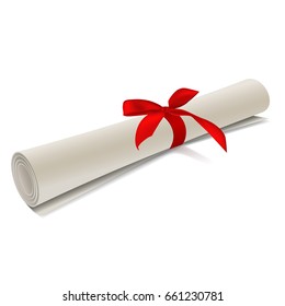 Diploma Scroll With Red Bow On Isolated White Background. Rolled Paper. Vector Illustration.