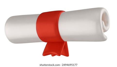 Diploma scroll with red ribbon. Vector 3d illustration. Education document, certificate or license in cartoon cute style.