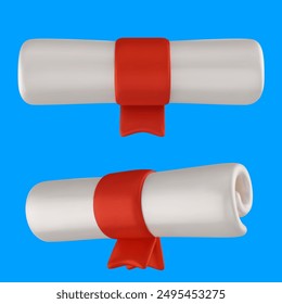 Diploma scroll with red ribbon. Vector 3d illustration. Education document, certificate or license in cartoon cute style.