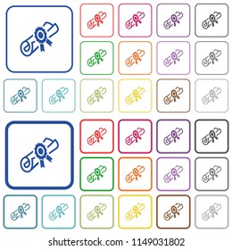 Diploma scroll with seal color flat icons in rounded square frames. Thin and thick versions included.