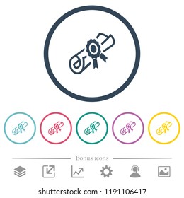 Diploma scroll with seal flat color icons in round outlines. 6 bonus icons included.