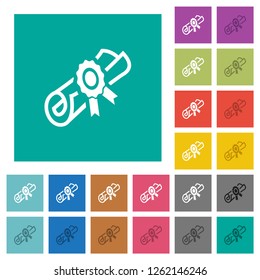 Diploma scroll with seal multi colored flat icons on plain square backgrounds. Included white and darker icon variations for hover or active effects.