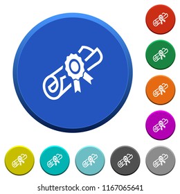 Diploma scroll with seal round color beveled buttons with smooth surfaces and flat white icons