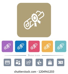 Diploma scroll with seal white flat icons on color rounded square backgrounds. 6 bonus icons included