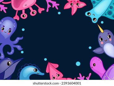 Diploma sea animals. Marine life objects vector cartoon doodle 3d illustration.