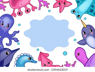 Diploma sea animals. Marine life objects vector cartoon doodle 3d illustration.