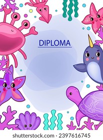 Diploma sea animals. Marine life objects vector cartoon doodle 3d illustration.