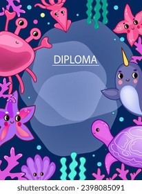 Diploma sea animals. Marine life objects vector cartoon doodle 3d illustration.