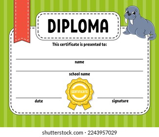 Diploma sertificate template. For school and preschool. For kids and children. Vector illustration.