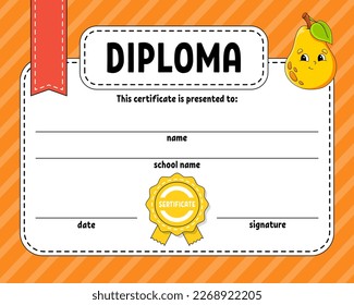 Diploma sertificate template. For school and preschool. For kids and children. Vector illustration.