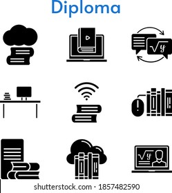 diploma set. included cloud library, cloud, professor, desktop, books, learn, homework, online-learning, book icons. filled styles.
