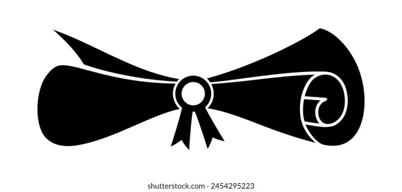 Diploma silhouette flat icon. Rolled paper, scroll. Education document. University graduation certificate. Bachelor, master or professor degree. Vector illustration EPS 10.