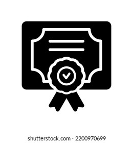 Diploma Silhouette Icon. Certificate with License Badge Black Icon. Winner Medal Outline Pictogram. Award, Grant, Diploma. Vector Isolated Illustration.