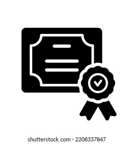 Diploma Silhouette Icon. Certificate with License Badge Black Icon. Winner Medal Outline Pictogram. Award, Grant, Diploma. Vector Isolated Illustration.