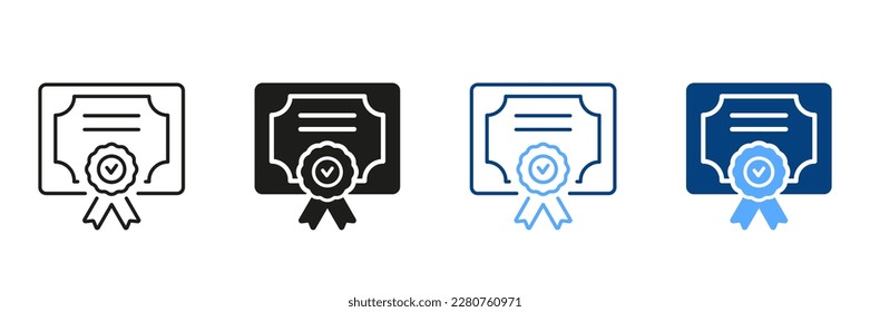 Diploma Silhouette and Line Icon Set. Certificate with License Badge Color Sign. Winner Medal Pictogram. The Award, Grant, Diploma Symbol Collection. Isolated Vector Illustration.