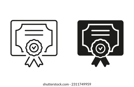 Diploma Silhouette and Line Icon Set. Certificate with License Badge Black Sign. Winner Medal Pictogram. The Award, Grant, Diploma Symbol Collection. Isolated Vector Illustration.