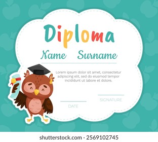 Diploma with Smart Owl Character as Forest Animal Vector Template