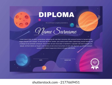 Diploma Space design. Electronic document for rewarding schoolchildren for success in astrology and astronomy. Planets, galaxies, space and stars. Alumni award. Cartoon flat vector illustration