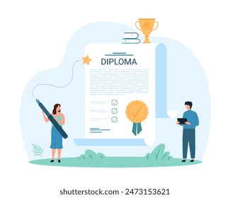 Diploma for success achievement, quality certificate and gold award of customers appreciation. Tiny people holding pen to sign paper document with warranty stamp and ribbon cartoon vector illustration