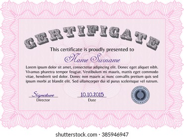 Plantilla de diploma. Con fondo. Borde, marco. Excelente diseño. Color rosa.