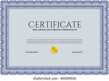 Diploma template. With background. Border, frame. Excellent design. Blue color.