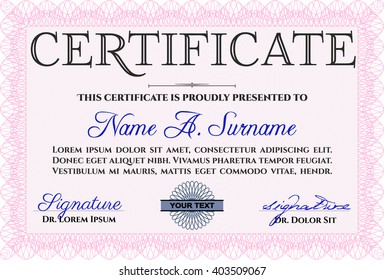 Diploma template. With background. Border, frame. Excellent design. Pink color.
