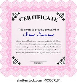 Diploma template. With background. Border, frame. Excellent design. Pink color.