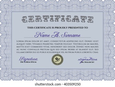 Diploma template. With background. Border, frame. Excellent design. Blue color.
