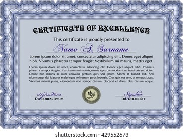 Diploma template. With background. Border, frame. Excellent design. Blue color.