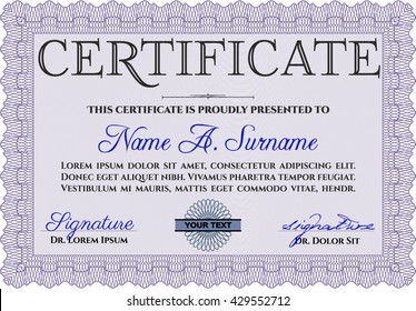 Diploma template. With background. Border, frame. Excellent design. Violet color.