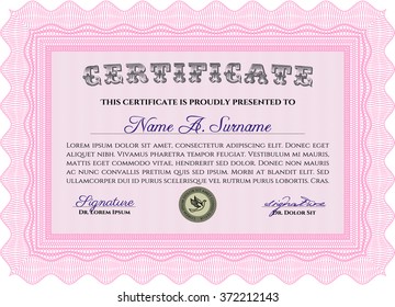 Diploma template. Border, frame. With background. Excellent design. Pink color.