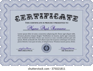 Diploma template. Border, frame. Excellent design. With background. Blue color.