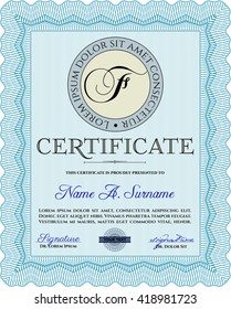 Diploma template. Border, frame. Excellent design. With background. Light blue color.