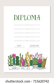 Diploma template. Cactus vector illustration.