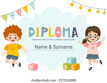 Diploma template with cartoon happy kids. Certificate vector design for children competition.