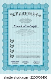 Diploma template or certificate template.  Artistry design.  Easy to print.  Detailed.  Light blue color.