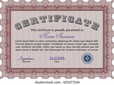 Diploma template or certificate template. Artistry design. With quality background. Vector pattern that is used in money and certificate. Red color.