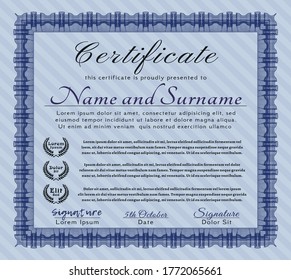 Diploma template or certificate template.  Beauty design.  With complex linear background.    Blue color.