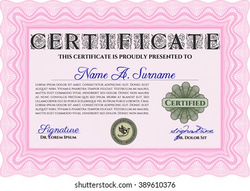 Diploma template or certificate template. Beauty design. Vector pattern that is used in money and certificate. With quality background. Pink color.