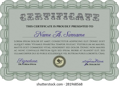Diploma template or certificate template. With complex background. Border, frame.Excellent design. 