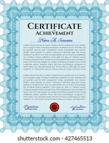 Plantilla de diploma o plantilla de certificado. Fondo complejo. Diseño de belleza. Patrón vectorial que se utiliza en moneda y diplomas. Color azul claro.