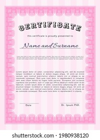 Diploma template or certificate template.  Elegant design.  With guilloche pattern.  Detailed.  Pink color.