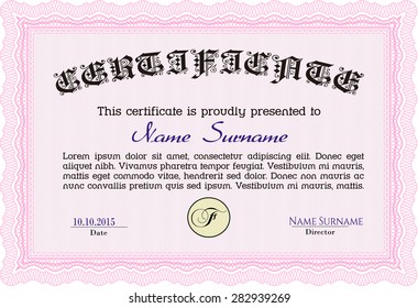 Diploma template or certificate template. Excellent design. With guilloche pattern. Border, frame.