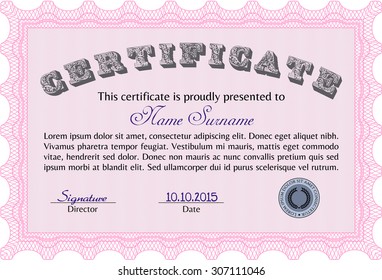 Diploma template or certificate template. Lovely design. Money style.With linear background. 