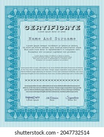 Plantilla de diploma o plantilla de certificado.  Diseño del patrón de dinero.  Con un patrón de guilloche de gran calidad.    Color azul claro.