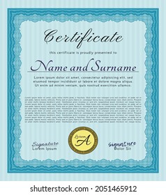 Diploma template or certificate template.  Money style design.  With guilloche pattern and background.  Detailed.  Light blue color.