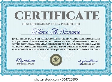 Diploma template or certificate template. Money style.With guilloche pattern and background. Cordial design. 