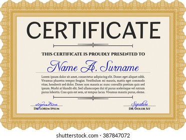 Diploma template or certificate template. With quality background. Beauty design. Vector pattern that is used in money and certificate. Orange color.