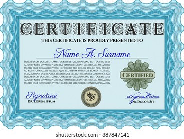Diploma template or certificate template. With quality background. Beauty design. Vector pattern that is used in money and certificate. Light blue color.